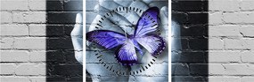 Tablou - Fluture violet pe perete (cu ceas) (90x30 cm)