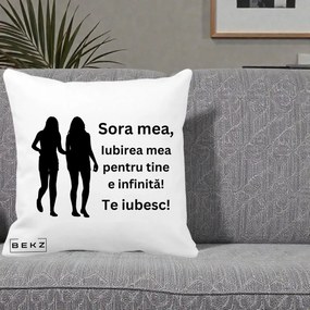 Cadou pentru Sora - Perna Personalizata Sora Mea Te Iubesc Siluete Negre Tinand Maini, 40x40 cm, Alba Mata, Husa Detasabila, Perna Inclusa, BEKZ®