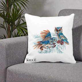 Perna Decorativa Bufnite de Iarna Albastre, 40x40 cm, Alba Mata, Husa Detasabila, Perna Inclusa, BEKZ®