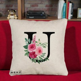 Cadou Personalizat - Perna Personalizata Monograma Florala Litera U, 40x40 cm, Bej Canapea, Husa Detasabila, Perna Inclusa, BEKZ®