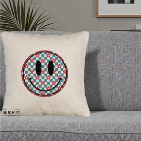 Perna Decorativa Smiley Face Checkered cu Floricele, 40x40 cm, Bej Canapea, Husa Detasabila, Perna Inclusa, BEKZ®