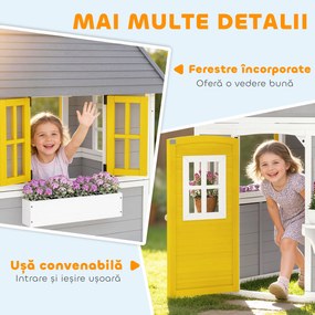 Outsunny Căsuță din Lemn pentru Copii 3-8 Ani, Căsuță de Grădină cu Ferestre, Acoperiș Înclinat, Ghivece și Jardiniere, Gri, Galben, Alb | Aosom Romania
