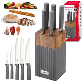 Set cuțite Klausberg KB 7982, 6 piese, Oțel inoxidabil, Mâner lemn de salcâm, Grafit/maro