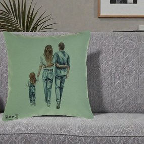 Cadou pentru Familie - Perna Personalizata Familie Acuarela Jeans, 40x40 cm, Verde, Husa Detasabila, Perna Inclusa, BEKZ®