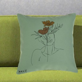 Perna Decorativa Portret Feminin Doua Flori, 40x40 cm, Verde, Husa Detasabila, Perna Inclusa, BEKZ®