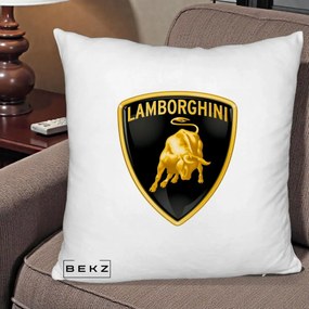 Perna Personalizata cu emblema Lamborghini, 40x40 cm, Alb Pufos, Husa Detasabila, Perna Inclusa, BEKZ®