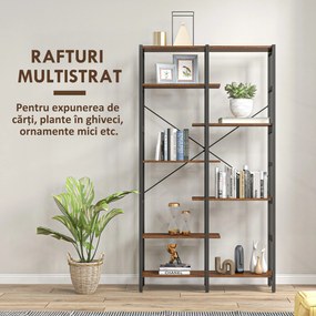 HOMCOM Bibliotecă cu 6 Rafturi, Design Modern, Cadru Metalic Negru, Lemn Maro, pentru Living sau Birou | Aosom Romania