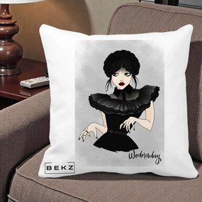 Perna Personalizata Wednesday Addams Portret Gotic, 40x40 cm, Alba Mata, Husa Detasabila, Perna Inclusa, BEKZ®