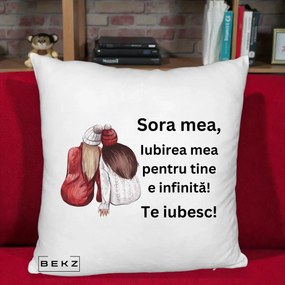 Cadou pentru Sora - Perna Personalizata Sora Mea Te Iubesc Doua Fete Iarna Acuarela, 40x40 cm, Alb Pufos, Husa Detasabila, Perna Inclusa, BEKZ®