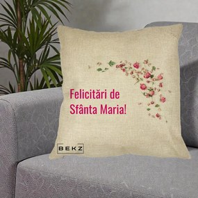 Cadou de Onomastica - Perna Personalizata Felicitari de Sfanta Maria, 40x40 cm, Crem, Husa Detasabila, Perna Inclusa, BEKZ®
