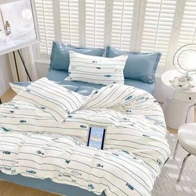 Lenjerie de pat cu elastic, tesatura tip finet, pat 2 persoane, alb / albastru, 6 piese, T229