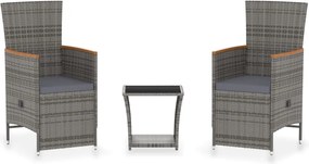 vidaXL Set mobilier de grădină cu perne, 3 piese, gri, poliratan