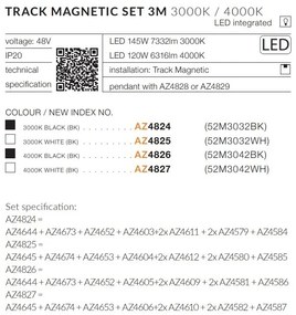 Set 3 metri sina magnetica monofazata cu iluminat inclus Alfa 52M3032BK negru, 3000K