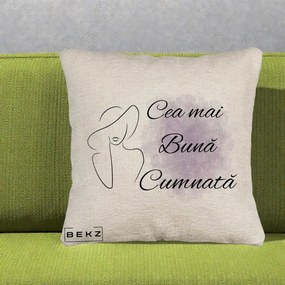 Cadou pentru Cumnata - Perna Personalizata Cea mai Buna Cumnata cu Silueta Dama si Pete Violet, 40x40 cm, Bej Canapea, Husa Detasabila, Perna Inclusa, BEKZ®