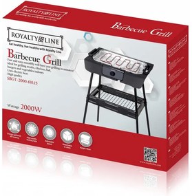 Gratar electric Royalty Line RL-SBGT2000, 2000W, 38x28 cm, Suport pliabil, 200°C, Termostat, Tava de scurgere, Negru