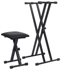 vidaXL Set suport de claviatură dublu și taburet, negru