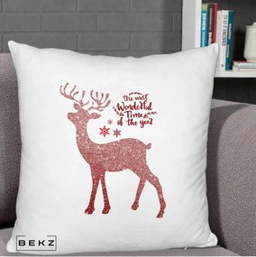 Perna Decorativa Ren de Craciun Glitter Rosu, 40x40 cm, Alb Pufos, Husa Detasabila, Perna Inclusa, BEKZ®