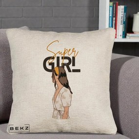 Perna Decorativa Super Girl Aesthetic, 40x40 cm, Bej Canapea, Husa Detasabila, Perna Inclusa, BEKZ®
