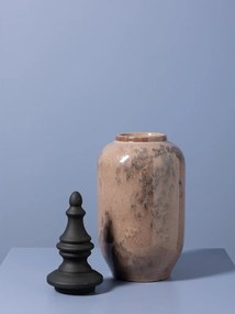 Borcan decorativ din ceramică artizanală roz cu capac negru sculptat, formă ovală, finisaj lucios, 46.5×18 cm, „Rosaire"