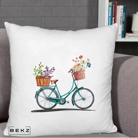 Perna Decorativa Bicicleta Florala Turcoaz Acuarela, 40x40 cm, Alb Pufos, Husa Detasabila, Perna Inclusa, BEKZ®