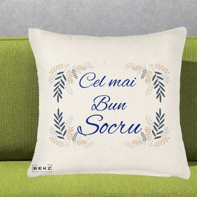 Cadou pentru Socru - Perna Personalizata Cel mai Bun Socru cu Ramuri Frunze Albastre si Aurii, 40x40 cm, Crem Reliefat, Husa Detasabila, Perna Inclusa, BEKZ®