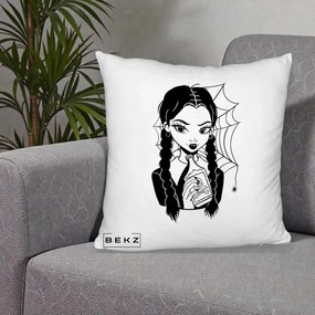 Perna Personalizata Wednesday cu Panza de Paianjen, 40x40 cm, Alb Pufos, Husa Detasabila, Perna Inclusa, BEKZ®