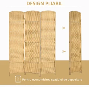 HOMCOM Paravan Interior Pliabil cu 3 Panouri Împletit din PP și Lemn de Pin, 135x1,7x180 cm, Lemn Natural | Aosom Romania