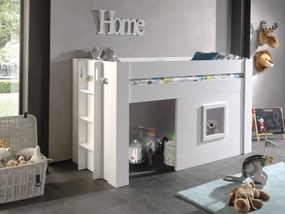 Pat median pentru copii NOAH, alb, 90 x 200 cm, MDF lăcuit, spațiu multifuncțional sub pat, scară și fereastră montabile pe stânga sau dreapta –