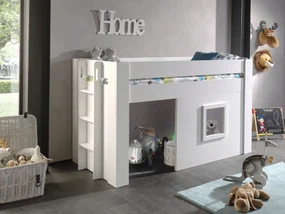 Pat median pentru copii NOAH, alb, 90 x 200 cm, MDF lăcuit, spațiu multifuncțional sub pat, scară și fereastră montabile pe stânga sau dreapta –