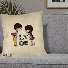 Cadou Romantic - Perna Personalizata Cuplu Kawaii LOVE, 40x40 cm, Crem, Husa Detasabila, Perna Inclusa, BEKZ®