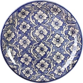 Platou ceramic rotund pictat manual cu model floral albastru, Ø 37 x H 4,3 cm, „Miranda"
