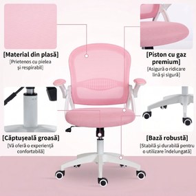 Vinsetto Scaun de Birou Ergonomic, Reglabil, cu Spătar din Plasă și Scaun Captusit, 65.5x61.5x88-97.5 cm, Roz | Aosom Romania