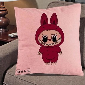 Perna Personalizata Labubu Rosu-Visiniu Solo, 40x40 cm, Roz, Husa Detasabila, Perna Inclusa, BEKZ®