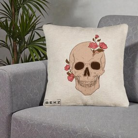 Perna Decorativa Craniu Floral Gothic, 40x40 cm, Bej Canapea, Husa Detasabila, Perna Inclusa, BEKZ®