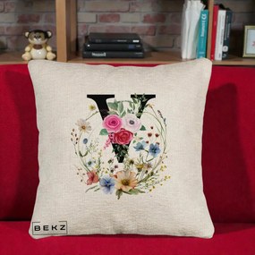 Cadou Personalizat - Perna Personalizata Monograma Florala Litera V cu Coroana, 40x40 cm, Bej Canapea, Husa Detasabila, Perna Inclusa, BEKZ®