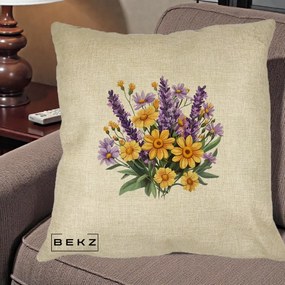 Perna Decorativa Lavanda cu Margarete Galbene si Lila, 40x40 cm, Crem, Husa Detasabila, Perna Inclusa, BEKZ®
