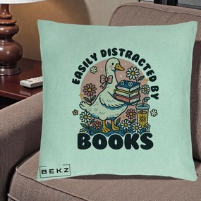 Perna Personalizata Easily Distracted by Books, 40x40 cm, Verde Menta, Husa Detasabila, Perna Inclusa, BEKZ®