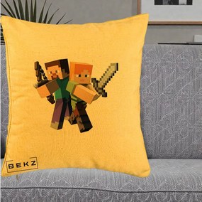 Perna Personalizata Minecraft Steve si Alex, 40x40 cm, Galben, Husa Detasabila, Perna Inclusa, BEKZ®