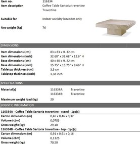 Masuta de cafea design LUX din travertin Sartoria, 83x83cm