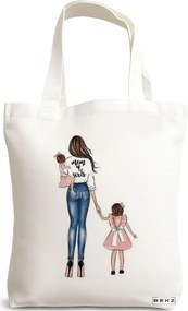 Sacosa de Panza pentru Cumparaturi, Geanta Tote, model Mom of Girls, 38x34.5 cm, Alba, BEKZ®