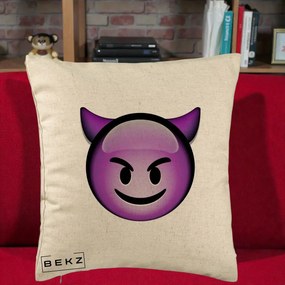 Perna Decorativa Emoji Diavol Mov, 40x40 cm, Bej, Husa Detasabila, Perna Inclusa, BEKZ®