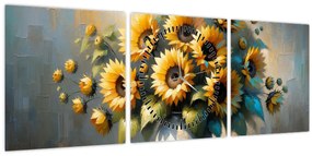 Tablou – Vază cu floarea-soarelui (cu ceas) (90x30 cm)