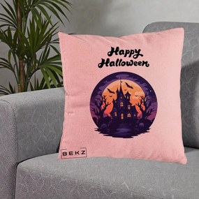 Perna Decorativa Happy Halloween Casa Bantuita Violet, 40x40 cm, Roz, Husa Detasabila, Perna Inclusa, BEKZ®