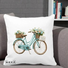 Perna Decorativa Bicicleta Teal cu Cosuri Duble de Flori Vintage, 40x40 cm, Alba Mata, Husa Detasabila, Perna Inclusa, BEKZ®