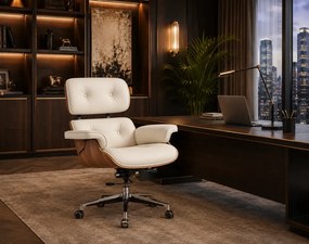 EXECUTIVE PRESTIGE – Scaun Directorial Ergonomic Premium, cu Piele PU, Furnir din Lemn Natur, Bază din Aluminiu, Reglaj pe Înălțime și Funcție de Înclinare, Alb