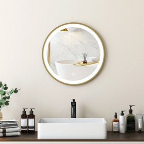 HOMCOM Oglindă de baie cu iluminare LED rotundă 40 cm, oglindă luminoasă de perete cu 3 temperaturi de culoare, reglabilă, auriu | Aosom Romania