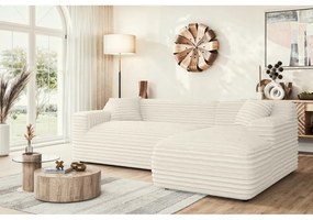 Colțar crem cu tapițerie din catifea reiată (cu colț pe partea dreaptă, cu șezlong) Martin – Ropez