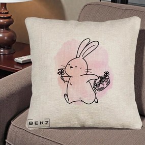 Perna Decorativa Iepuras Kawaii cu Cosulet Floral, 40x40 cm, Bej Canapea, Husa Detasabila, Perna Inclusa, BEKZ®