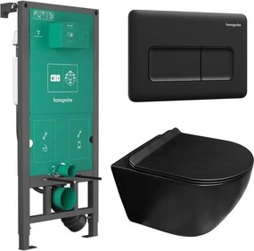 Set rezervor WC cu cadru incastrat Hansgrohe iFrame 112 cm si clapeta de actionare iFrame Original Q negru mat plus vas WC Rune Ivaldi Grande cu capac softclose