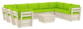 Set mobilier gradina din paleti, 10 piese, cu perne, lemn de molid verde aprins, 4x colt + 5x mijloc + masa, 1